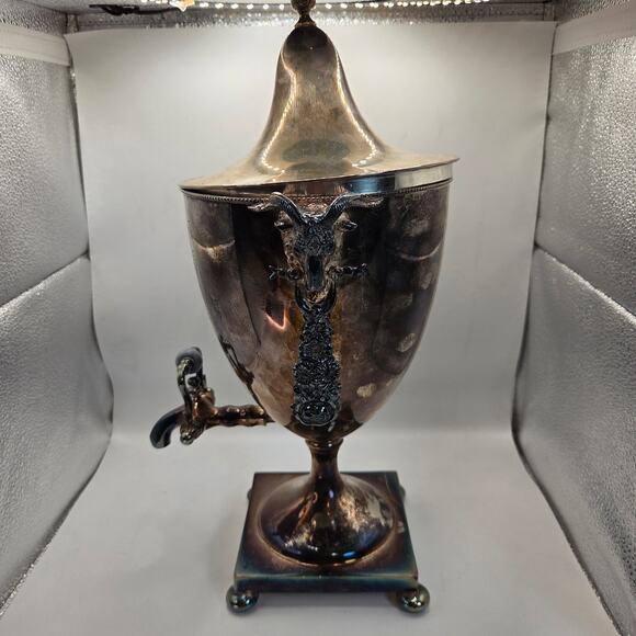 Early 20thC Silverplate Ram Head Beverage Urn Samovar w Lid & Working Spigot - Picture 8 of 16